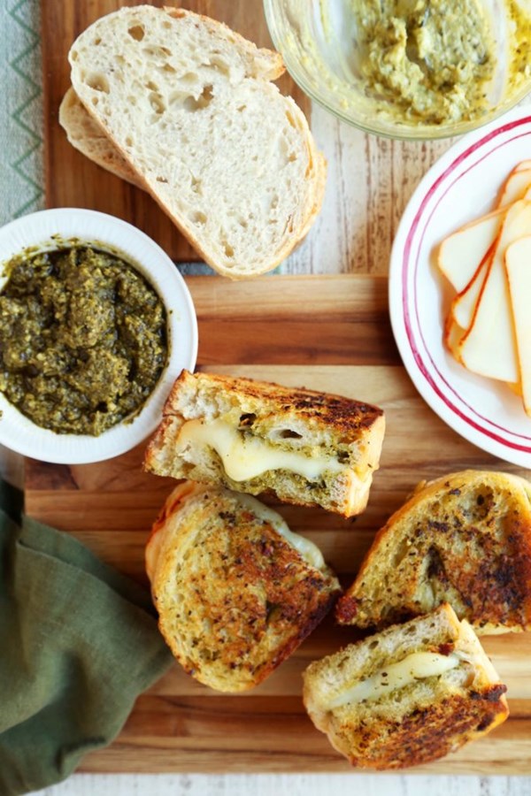 Pesto butter grilled cheese sandwiches