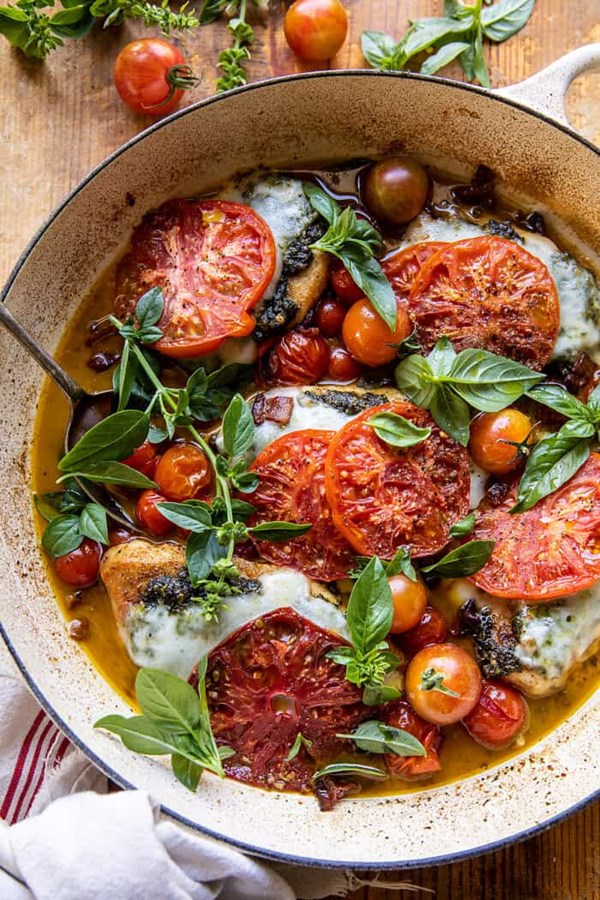 Pesto Caprese chicken in white wine pan sauce