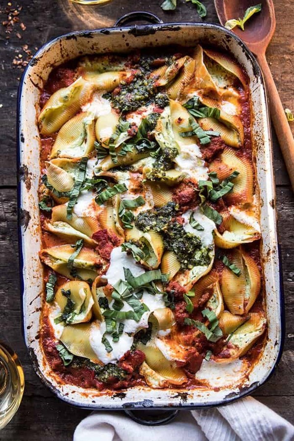 Pesto cheese stuffed shells