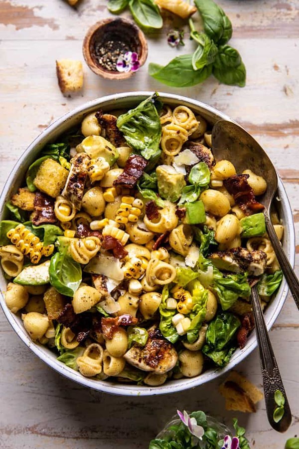 Pesto chicken, corn, and avocado bacon pasta salad