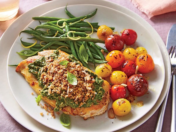 Pesto chicken with blistered tomatoes