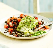 Pesto-crusted cod with lentils