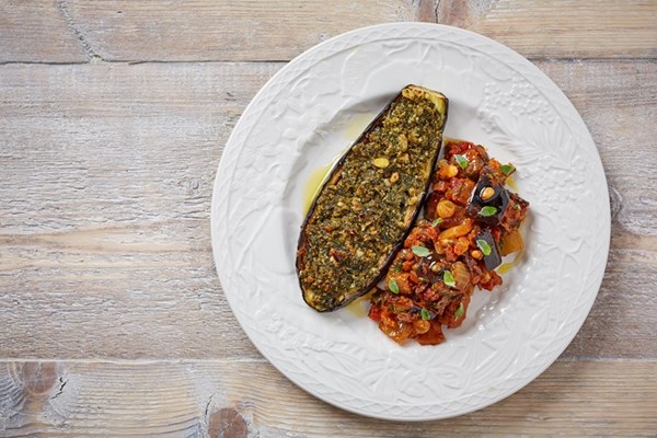 Pesto gratinated aubergine with caponata