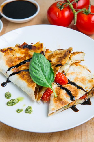 Pesto grilled shrimp Caprese quesadillas