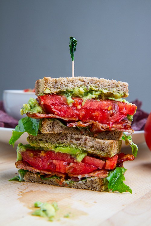 Pesto guacamole BLT (bacon, lettuce and tomato) sandwich