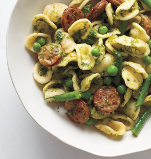 Pesto orecchiette with chicken sausage