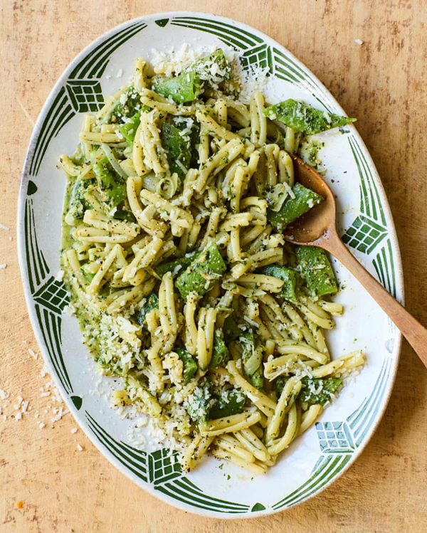 Pesto pasta with braised runner beans