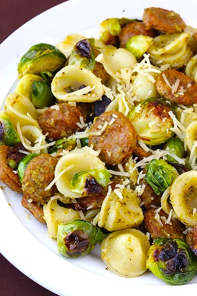 Pesto pasta with chicken sausage & roasted Brussels sprouts