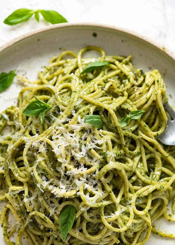 Pesto pasta with plenty of pesto sauce