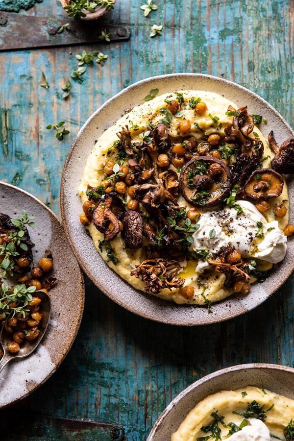 Pesto polenta with thyme-roasted mushrooms and chickpeas