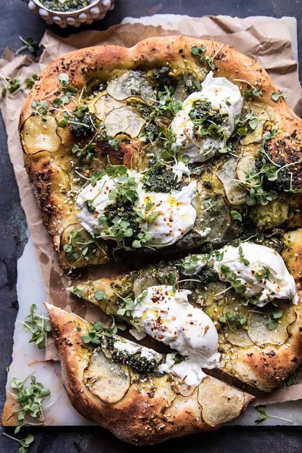 Pesto potato and burrata pizza