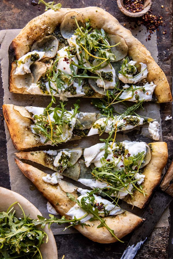 Pesto potato burrata pizza with spicy arugula (+ thin crust whole wheat pizza dough)