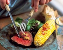 Pesto-rolled beef tenderloin with roasted pepper rouille