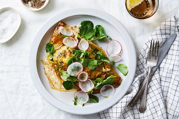 Pesto-rubbed chicken & spring vegetables in parchment packets (en papillote)