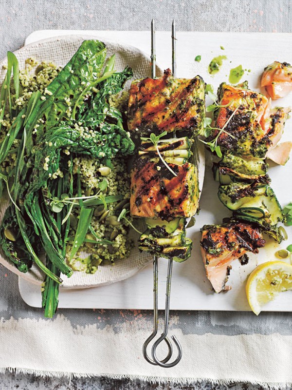 Pesto salmon skewers with green couscous salad