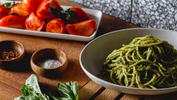 Pesto Siciliano with spaghetti