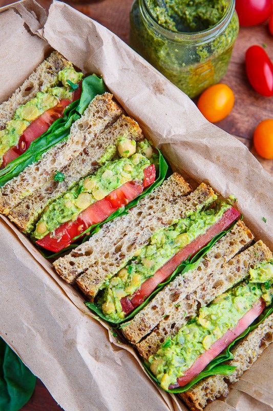 Pesto smashed chickpea and avocado sandwich