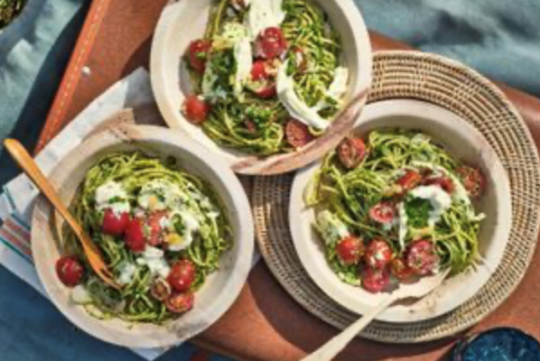 Pesto spaghetti salad with baby truss tomatoes and burrata