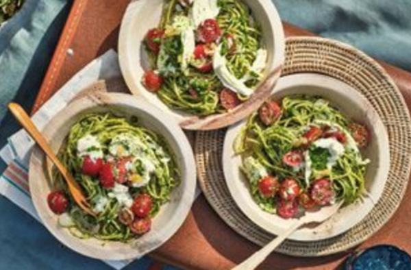 Pesto spaghetti with baby truss tomatoes and burrata