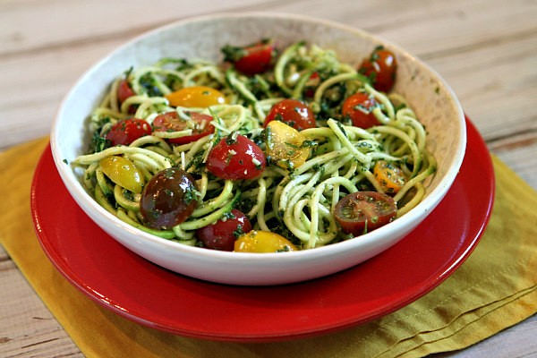 Pesto spaghetti zoodles with heirloom grape tomatoes