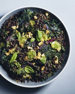 Pesto wild rice with fava beans and kale