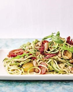 Pesto zucchini noodles with cannellini beans and sundried tomatoes