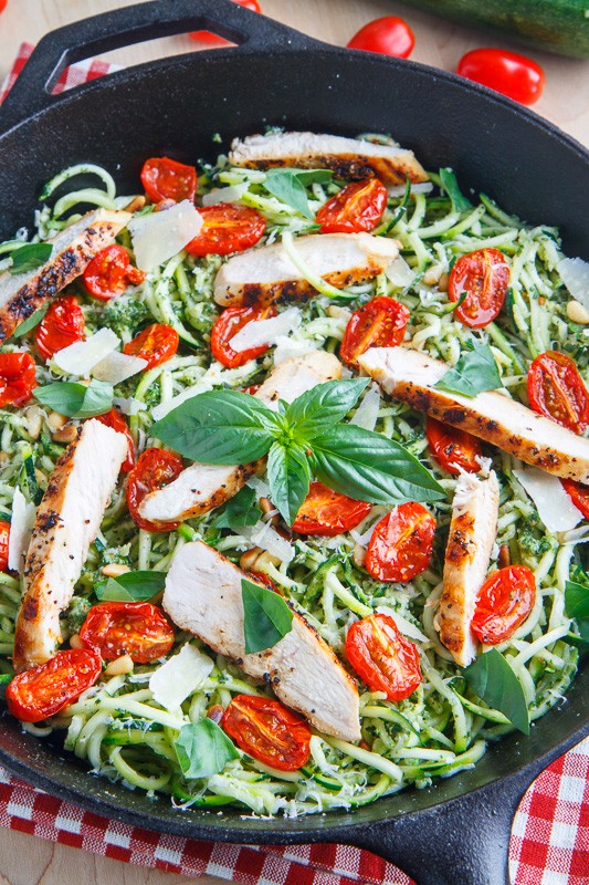 Pesto zucchini noodles with roasted tomatoes and grilled chicken