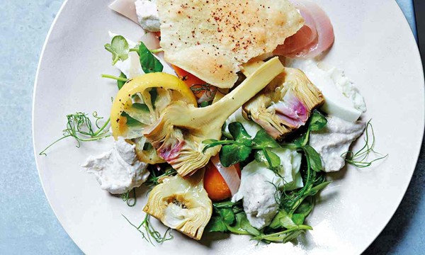 Peter Gordon’s mozzarella, artichokes, walnut sauce and sumac lavosh