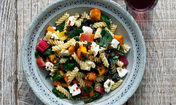 Peter Gordon’s warm salad of fusilloni, ginger and chilli-roast pumpkin, feta, pumpkin seeds and Swiss chard 
