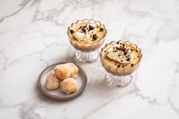 Petit pots au chocolat, coffee cream mousse and vanilla doughnuts