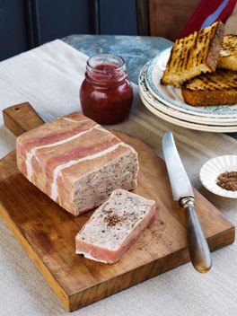 Pheasant and ham hock terrine with rhubarb-apple chutney