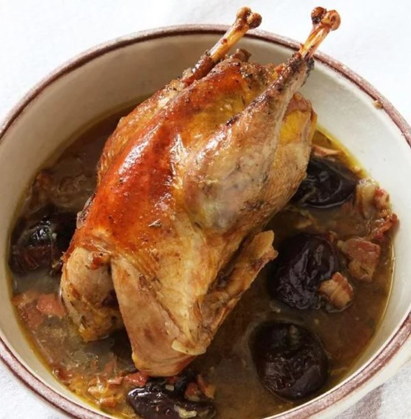 Pheasant, bacon, prunes