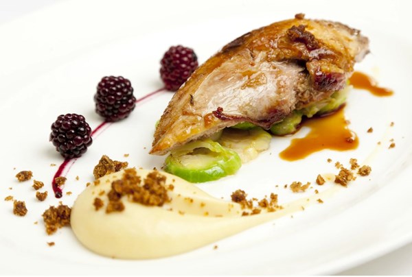 Pheasant breast with parsnip purée, Brussels sprouts and brambles [James Mackenzie]
