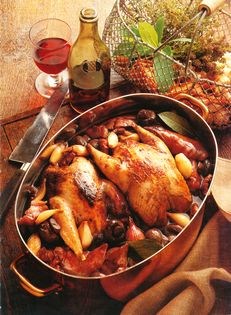 Pheasant cooked in red wine with pigs' trotters