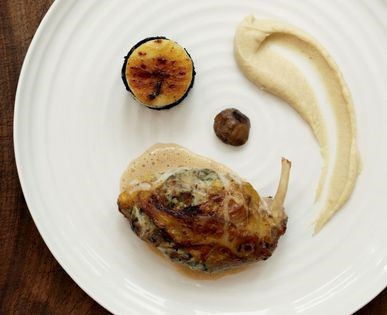 Pheasant with chestnut stuffing (Pheasant with chestnut stuffing, parsnip purée, crispy black pudding and apple)
