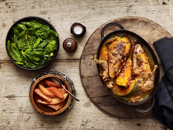 Pheasant with onion and pumpkin stew 
