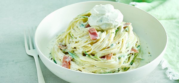 Philadelphia, courgette & bacon carbonara