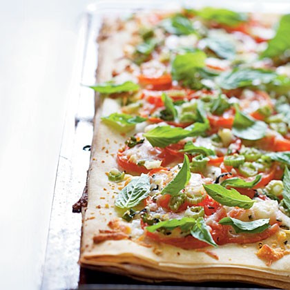 Phyllo pizza with feta, basil, and tomatoes