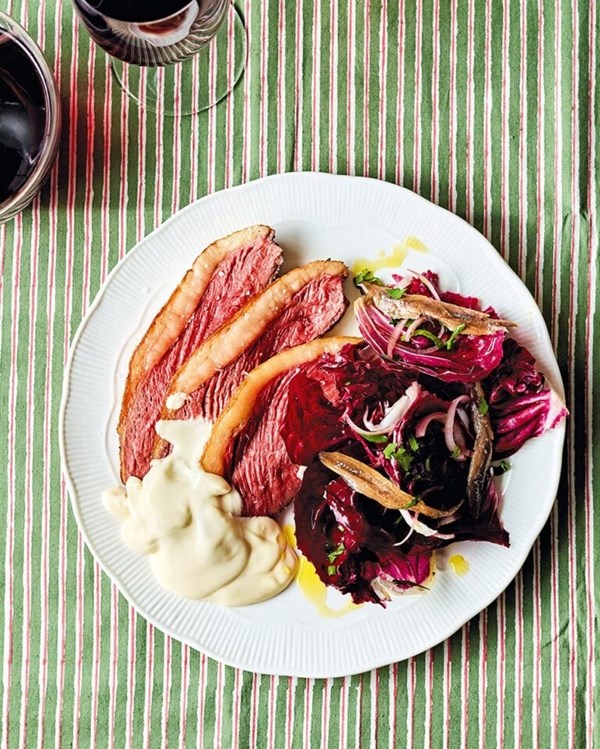 Picanha with Parmesan fonduta, radicchio, anchovies and shallots