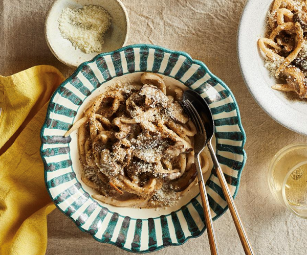 Pici with cacio e pepe and shiitake