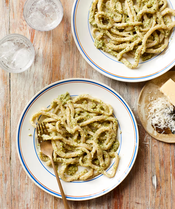 Pici with chilli, broccoli and walnut pesto