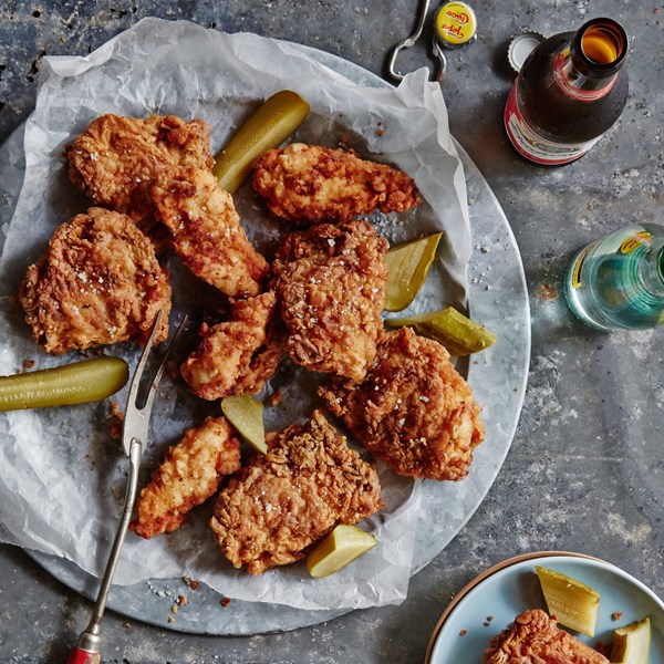 Pickle-brined fried chicken with Sriracha honey