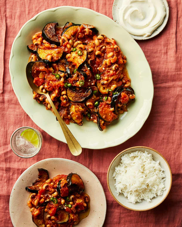 Pickled aubergine and black eye bean curry