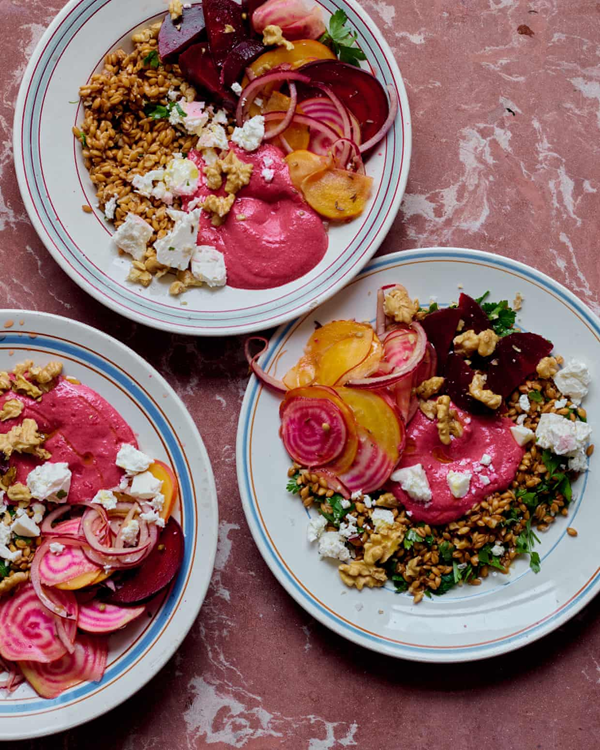 Pickled beets, beet hummus, spelt and walnuts