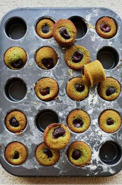 Pickled cherry and matcha friands