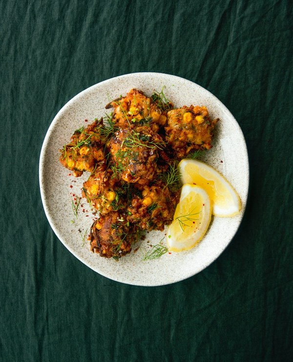 Pickled corn & smoked mackerel fritters