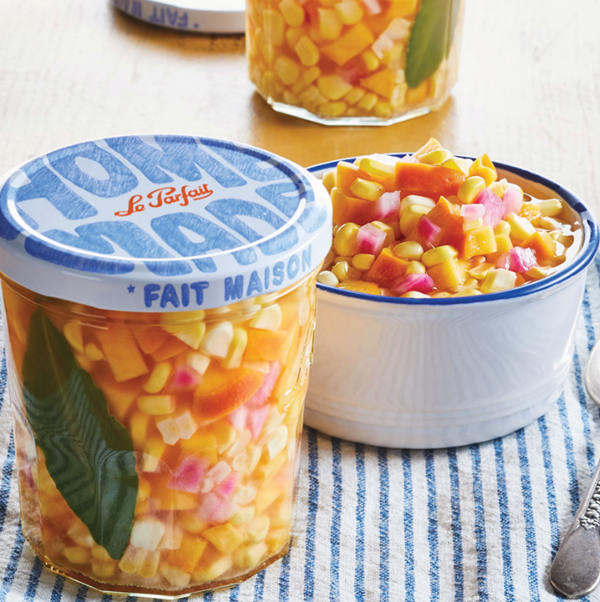 Pickled corn relish with peaches & red onion