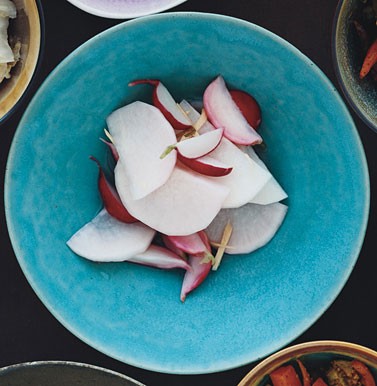 Pickled daikon and red radishes with ginger
