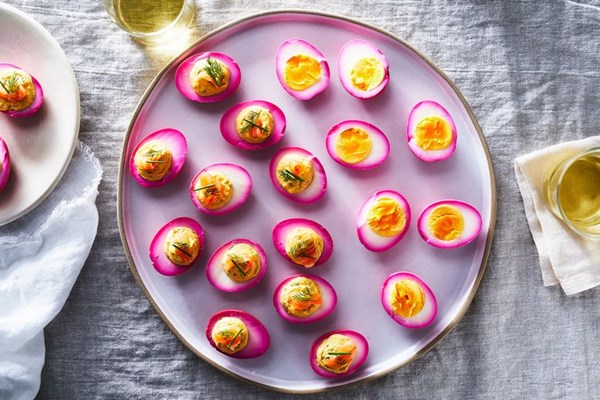 Pickled deviled eggs with smoked salmon