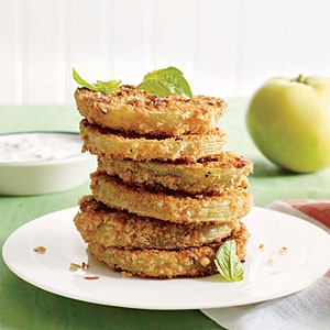 Pickled "fried" green tomatoes with buttermilk-herb dipping sauce